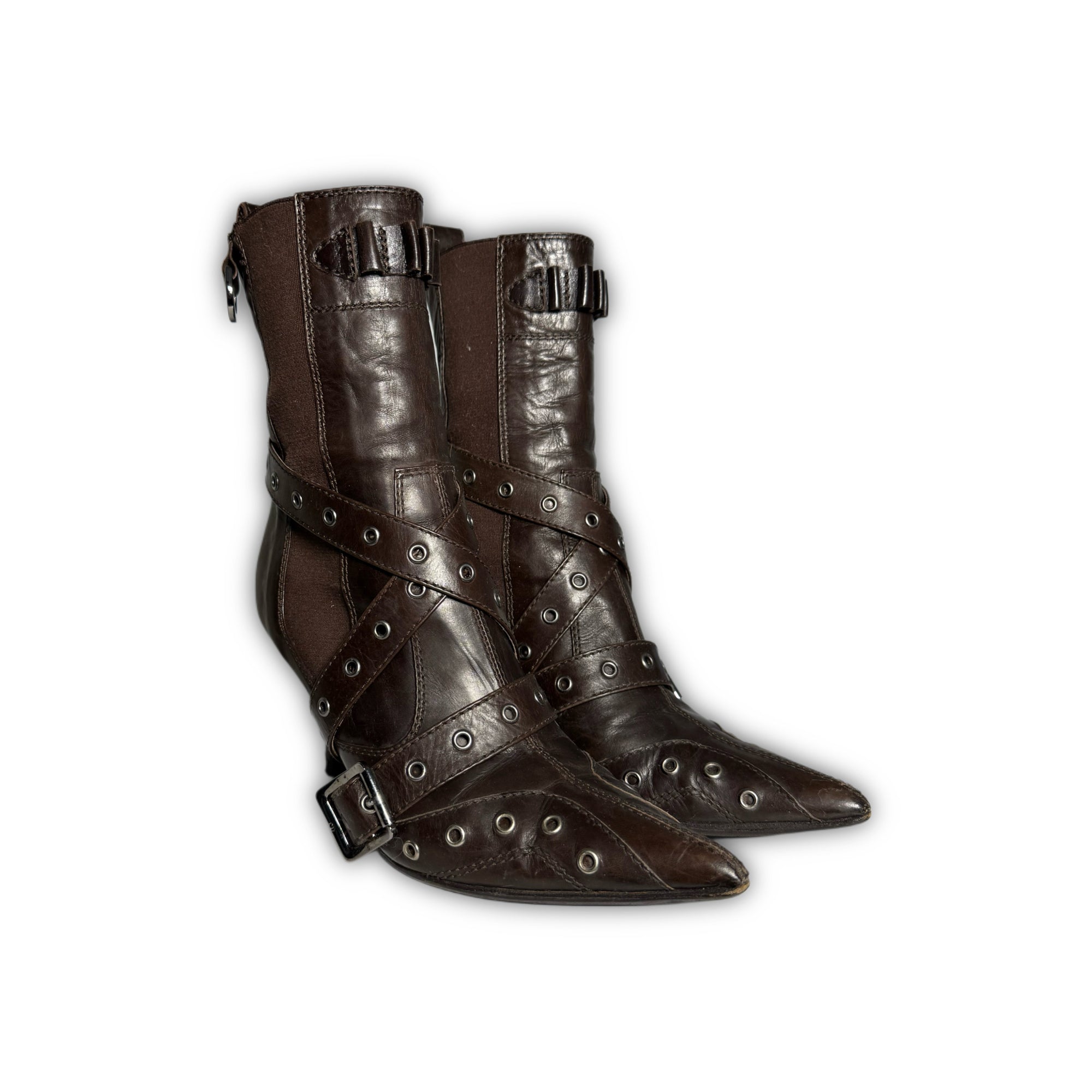 Christian Dior SS02 by John Galliano Studded Strapped Leather Heeled Boots