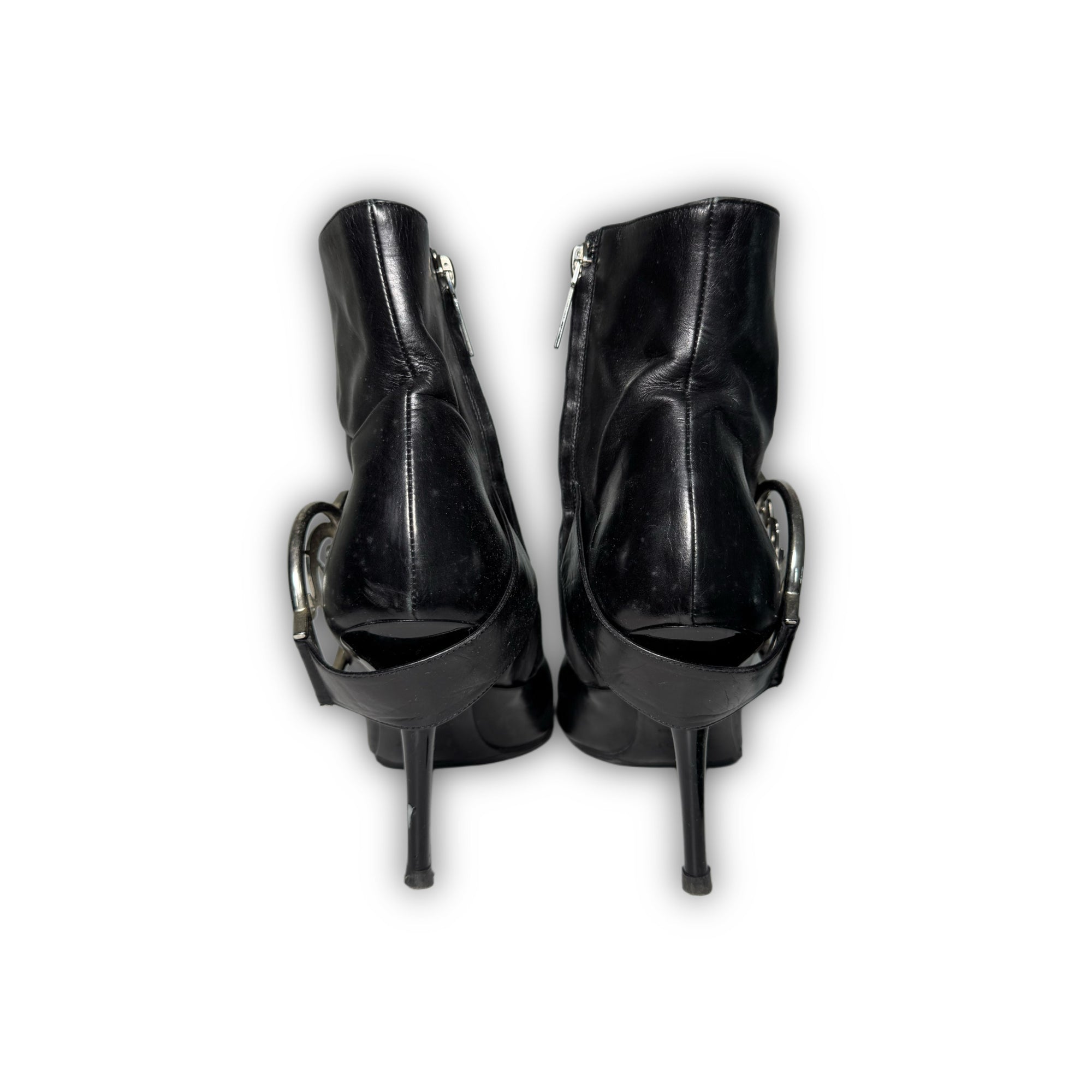 Christian Dior 2004 by John Galliano Metal Plate Buckle Black Leather Pointed Boots