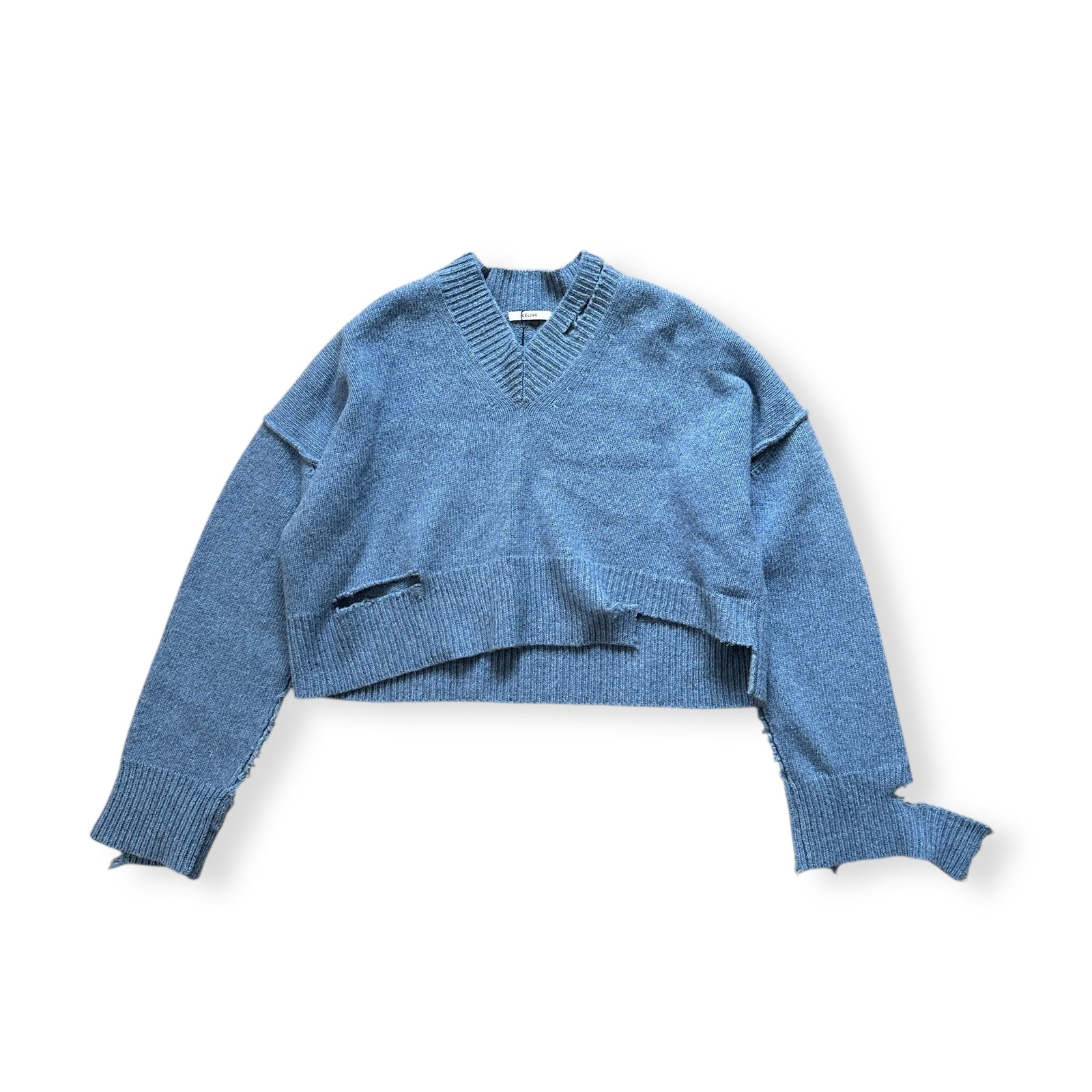Céline by Phoebe Philo FW17 Blue Oversized Destroyed Knit Sweater