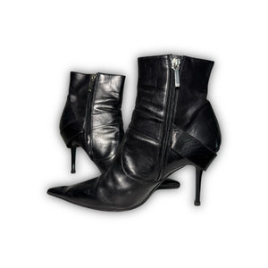 Christian Dior 2004 by John Galliano Metal Plate Buckle Black Leather Pointed Boots