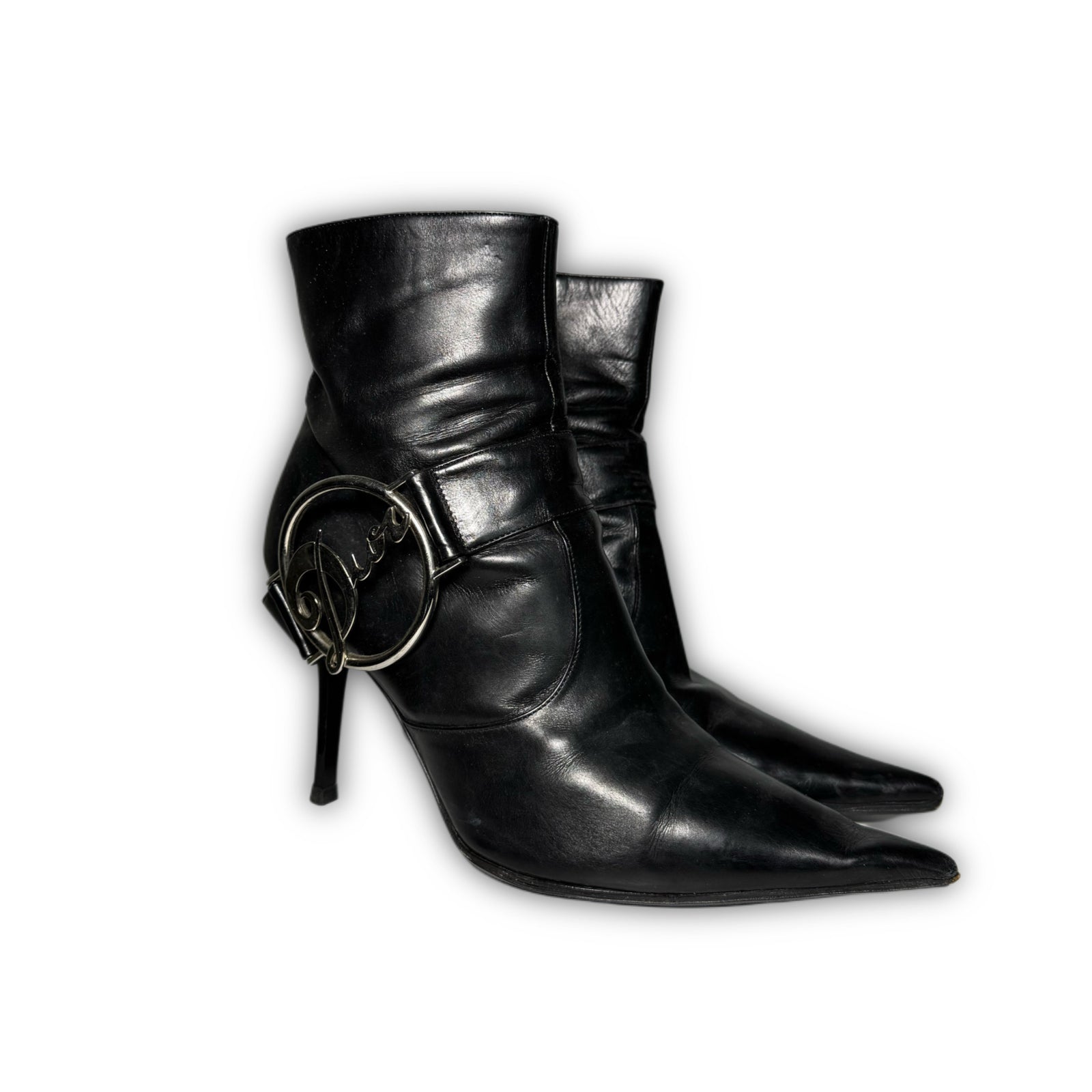 Christian Dior 2004 by John Galliano Metal Plate Buckle Black Leather Pointed Boots