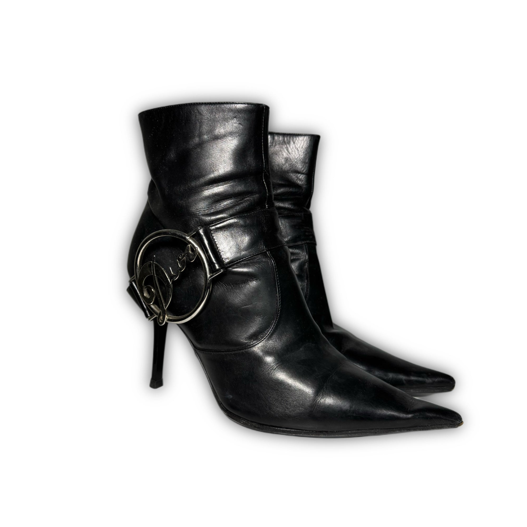 Christian Dior 2004 by John Galliano Metal Plate Buckle Black Leather Pointed Boots