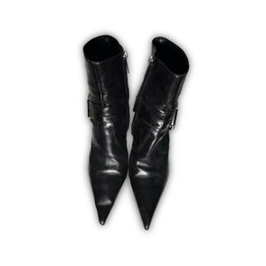 Christian Dior 2004 by John Galliano Metal Plate Buckle Black Leather Pointed Boots