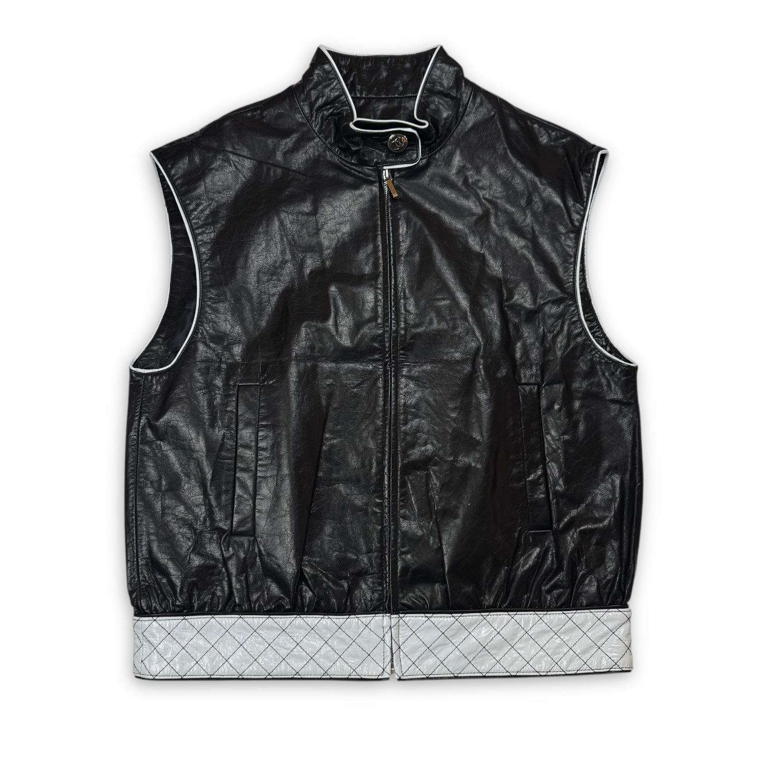 Chanel SS24 Oversized Black Leather Contrast Trimmed Racer Vest