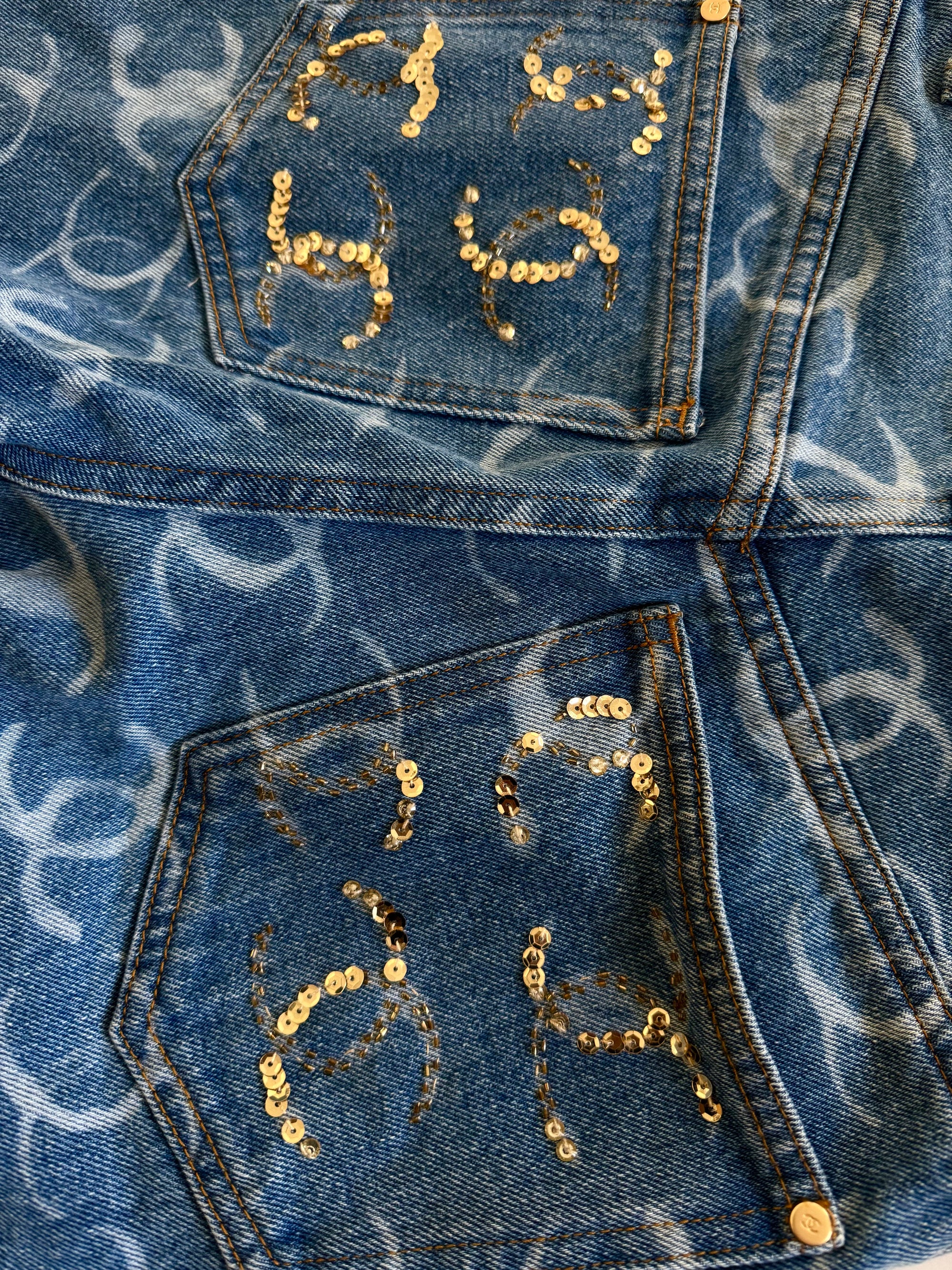 Chanel Pre SS24 Sequined Logomania Bleached Washed Wide Denim