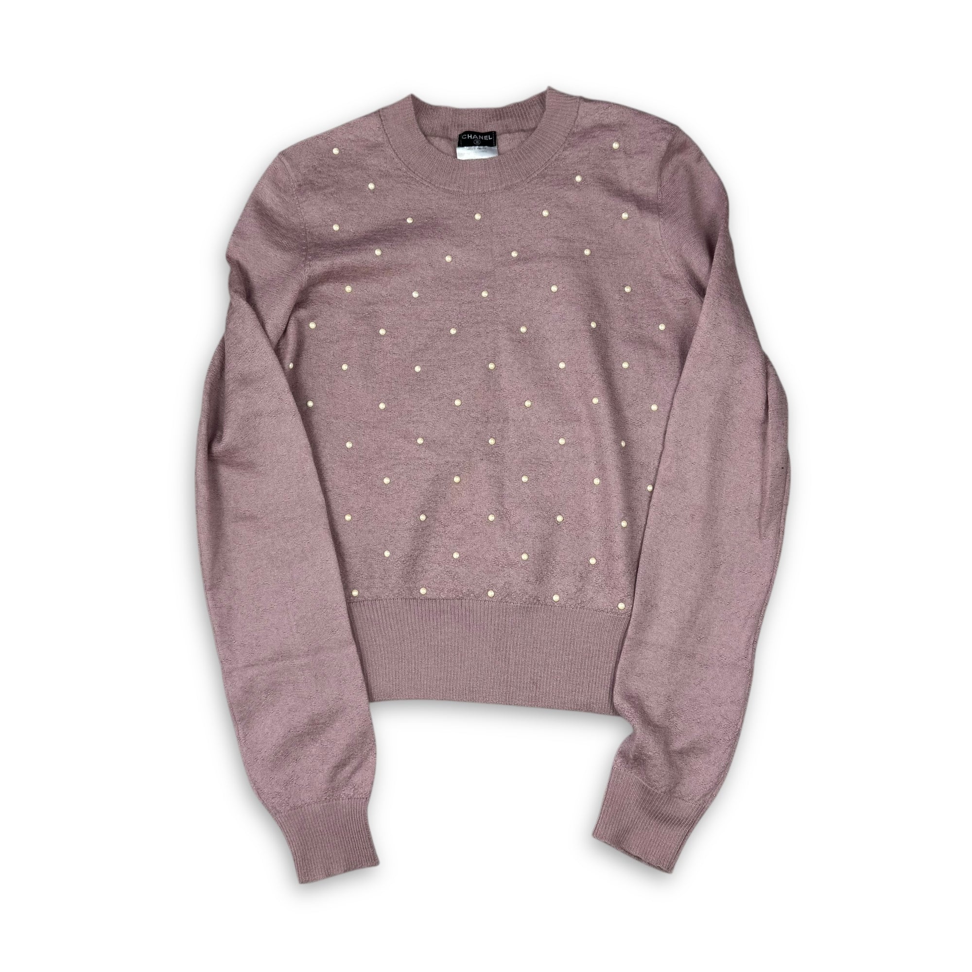 Chanel FW14 by Karl Lagerfeld Pink Cashmere/Mohair Pearl Embellished Knit Sweater
