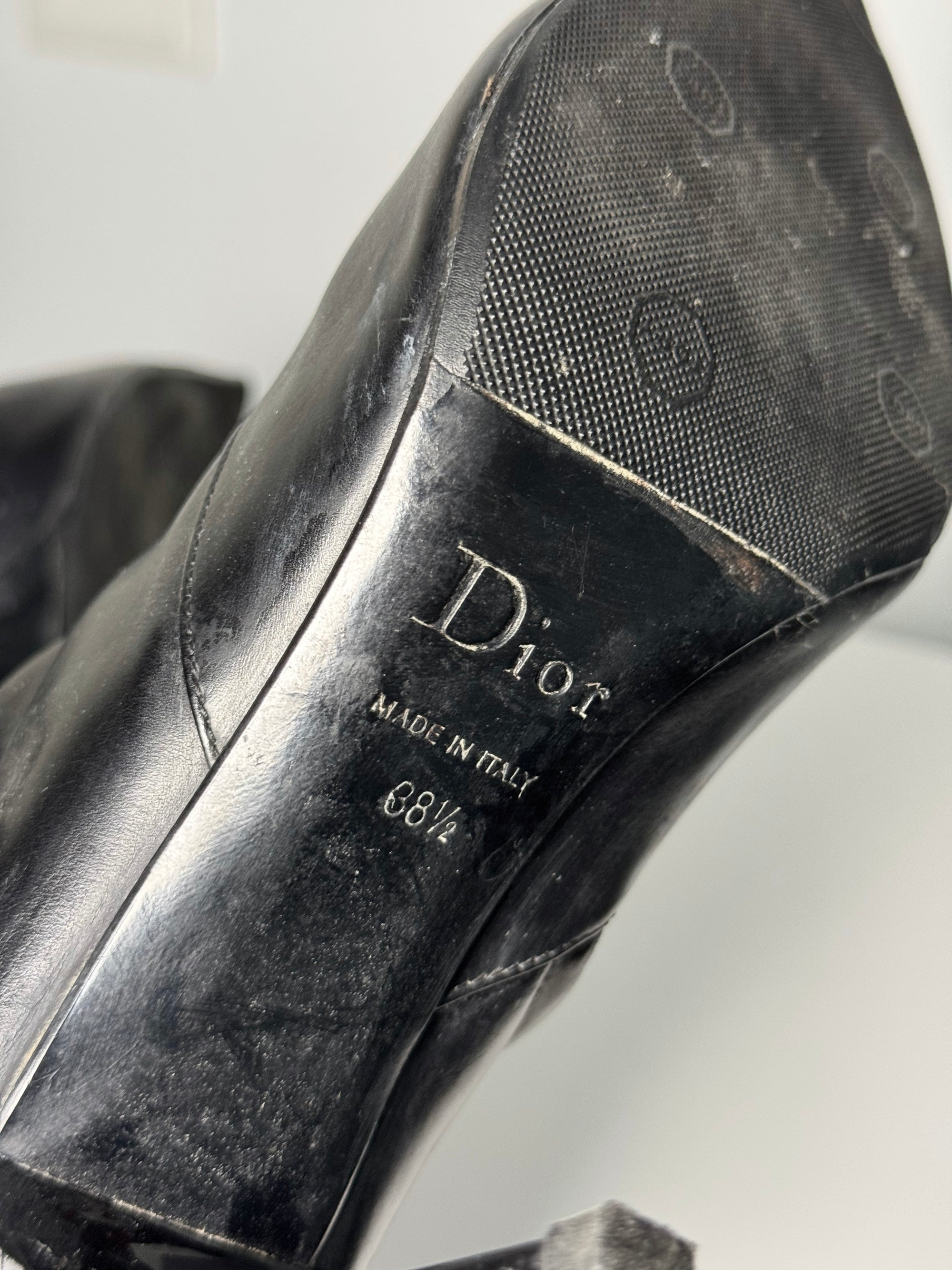 Christian Dior 2004 by John Galliano Metal Plate Buckle Black Leather Pointed Boots