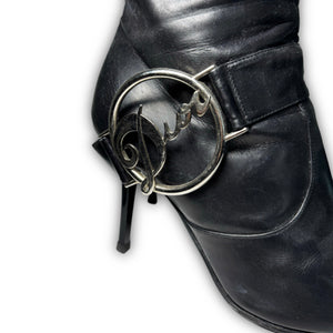 Christian Dior 2004 by John Galliano Metal Plate Buckle Black Leather Pointed Boots