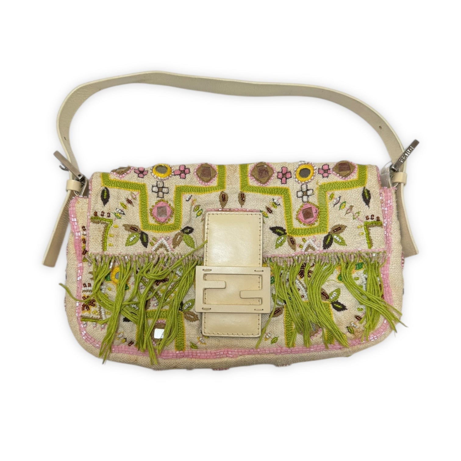 Fendi 2000s Floral Embellished Fringed Baguette Bag