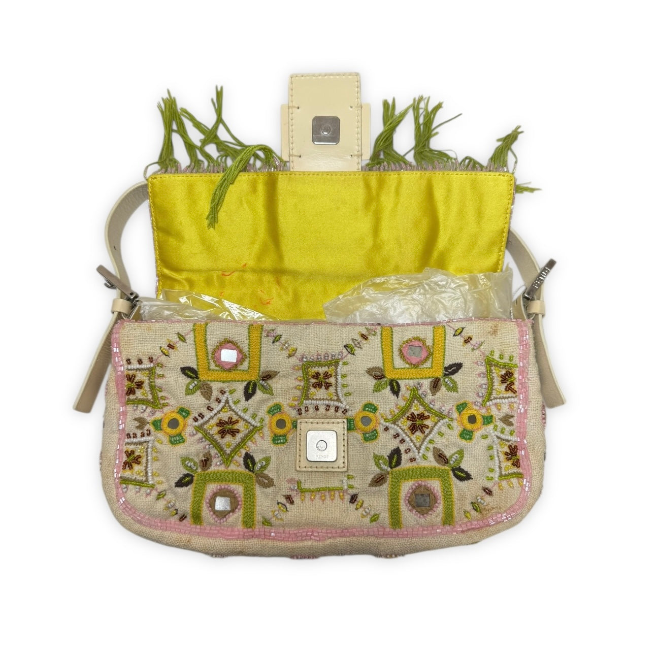 Fendi 2000s Floral Embellished Fringed Baguette Bag