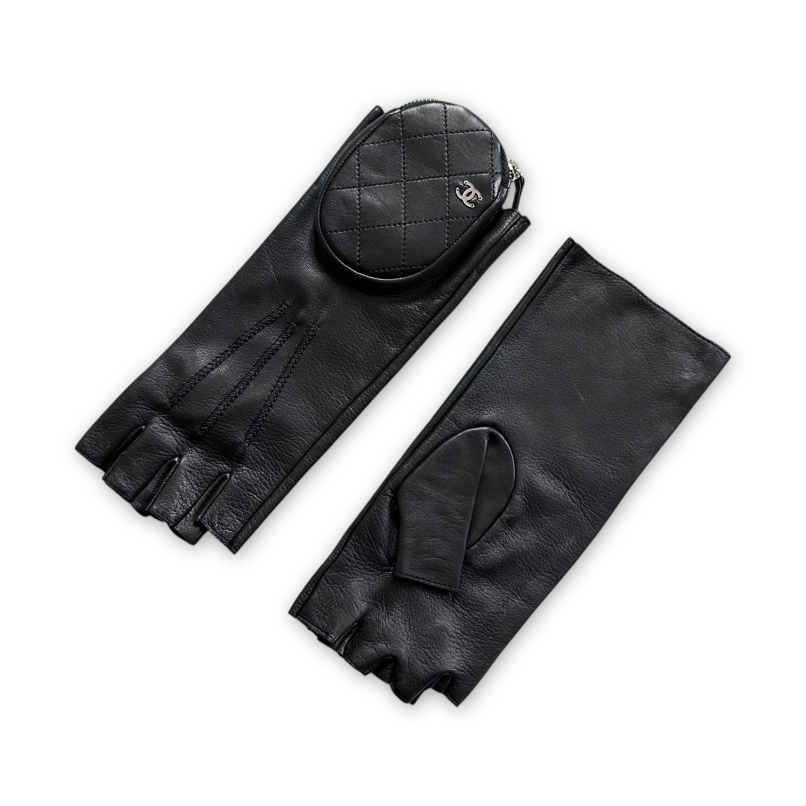 Chanel Black Leather Fingerless Pouch Gloves