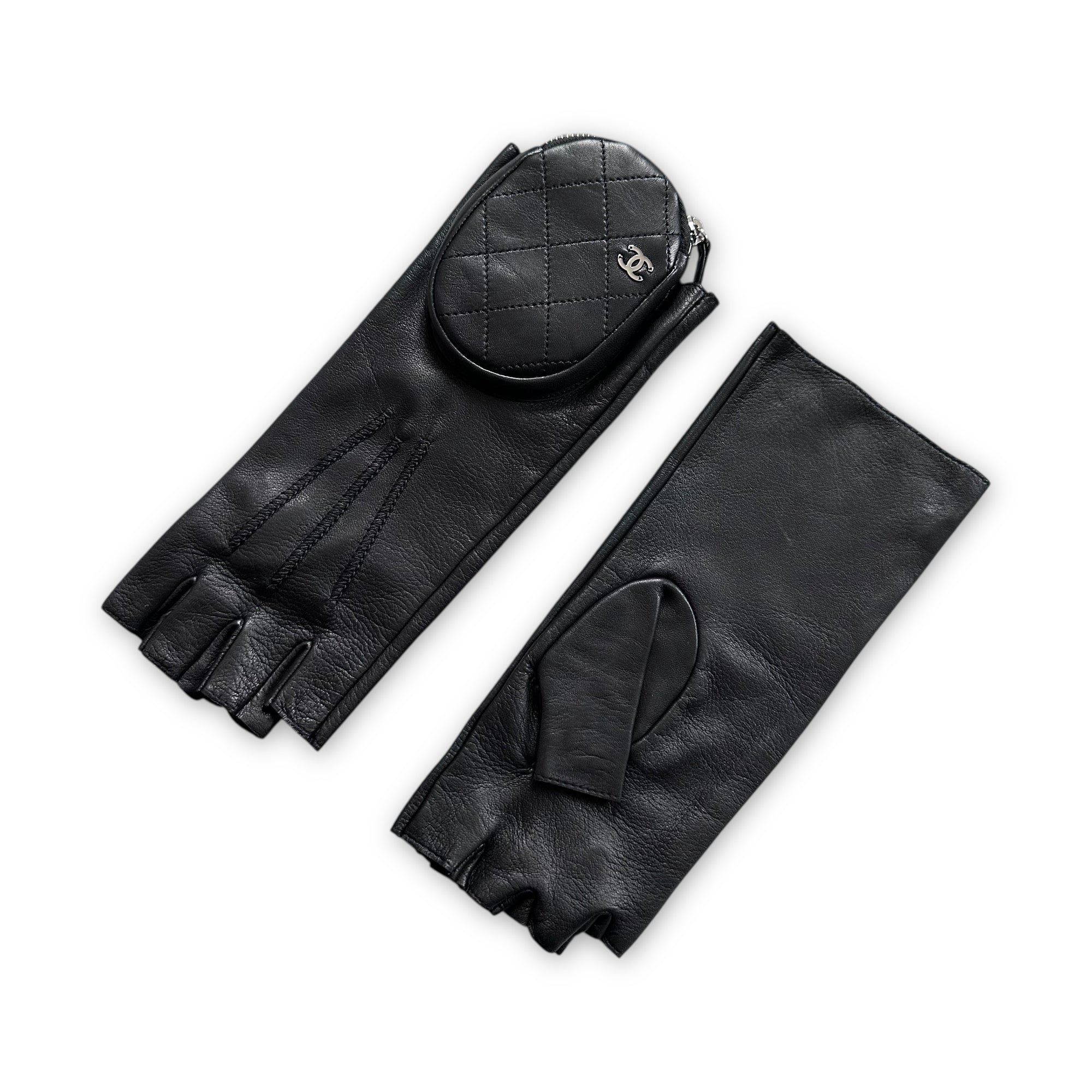 Chanel Black Leather Fingerless Pouch Gloves