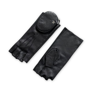 Chanel Black Leather Fingerless Pouch Gloves