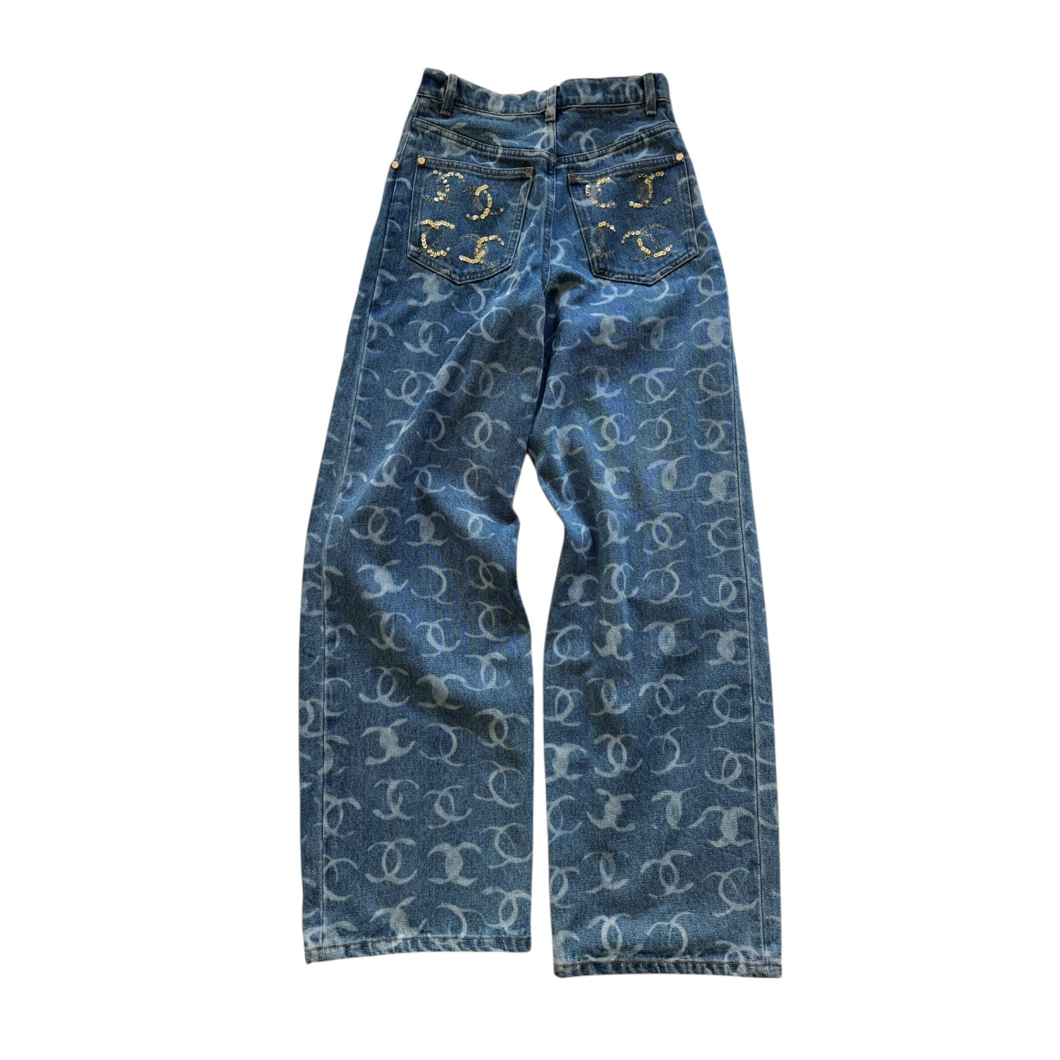 Chanel Pre SS24 Sequined Logomania Bleached Washed Wide Denim
