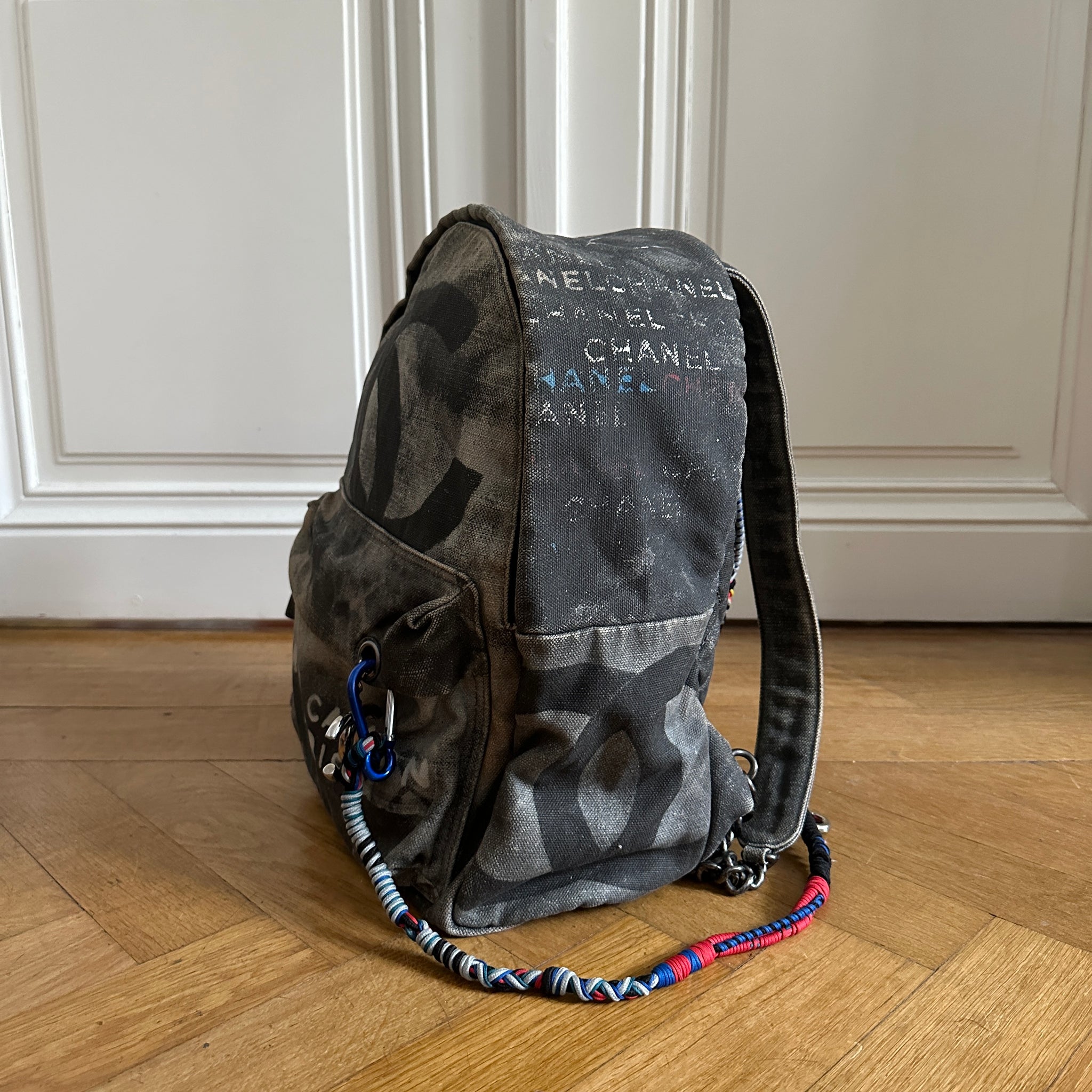 2014 Chanel Grey Painted Canvas Medium Graffiti Backpack