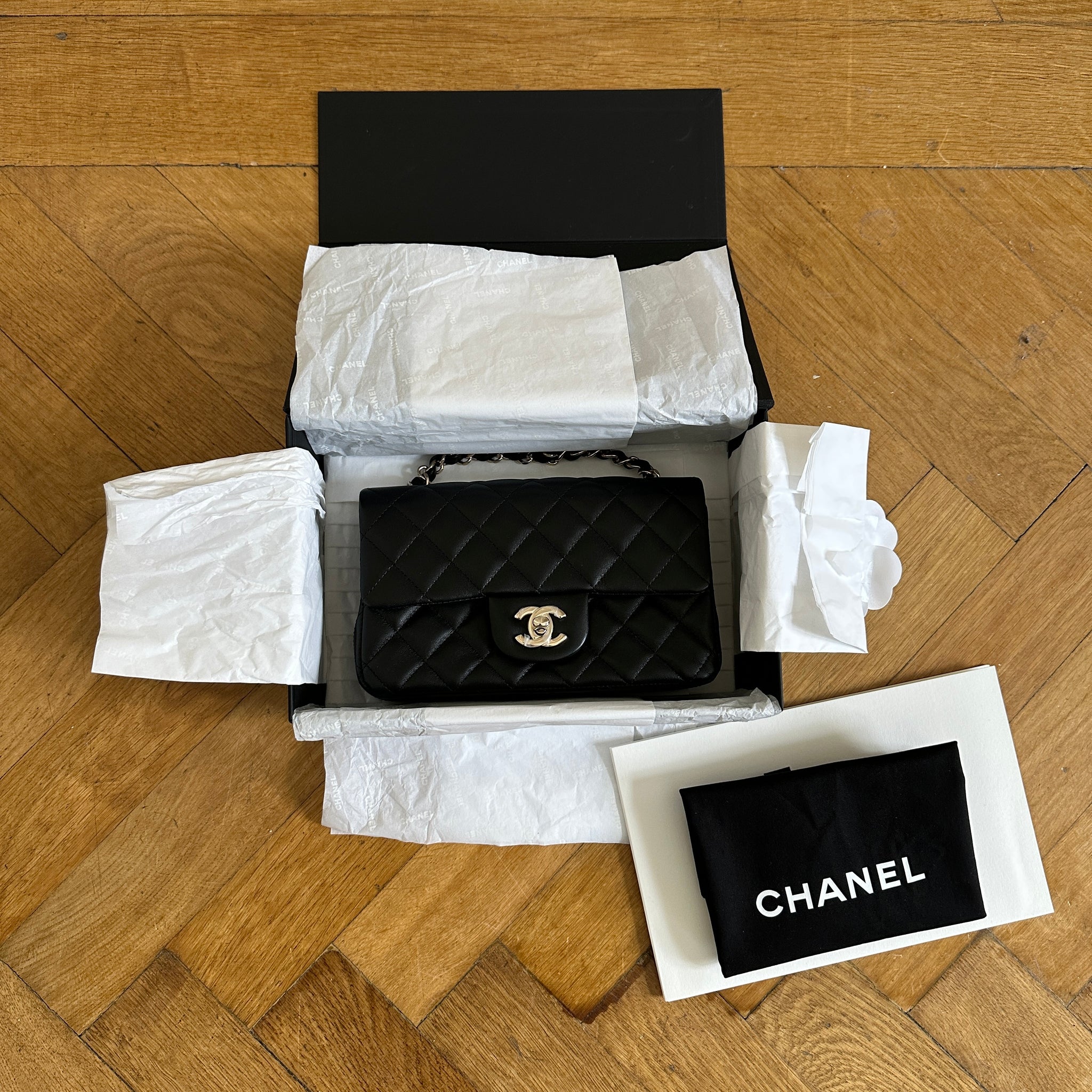 Chanel Quilted Mini Rectangular Flap Purse in Black Lambskin