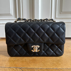 Chanel Mini Rectangular Flap Bag Black Lambskin Silver Hardware in