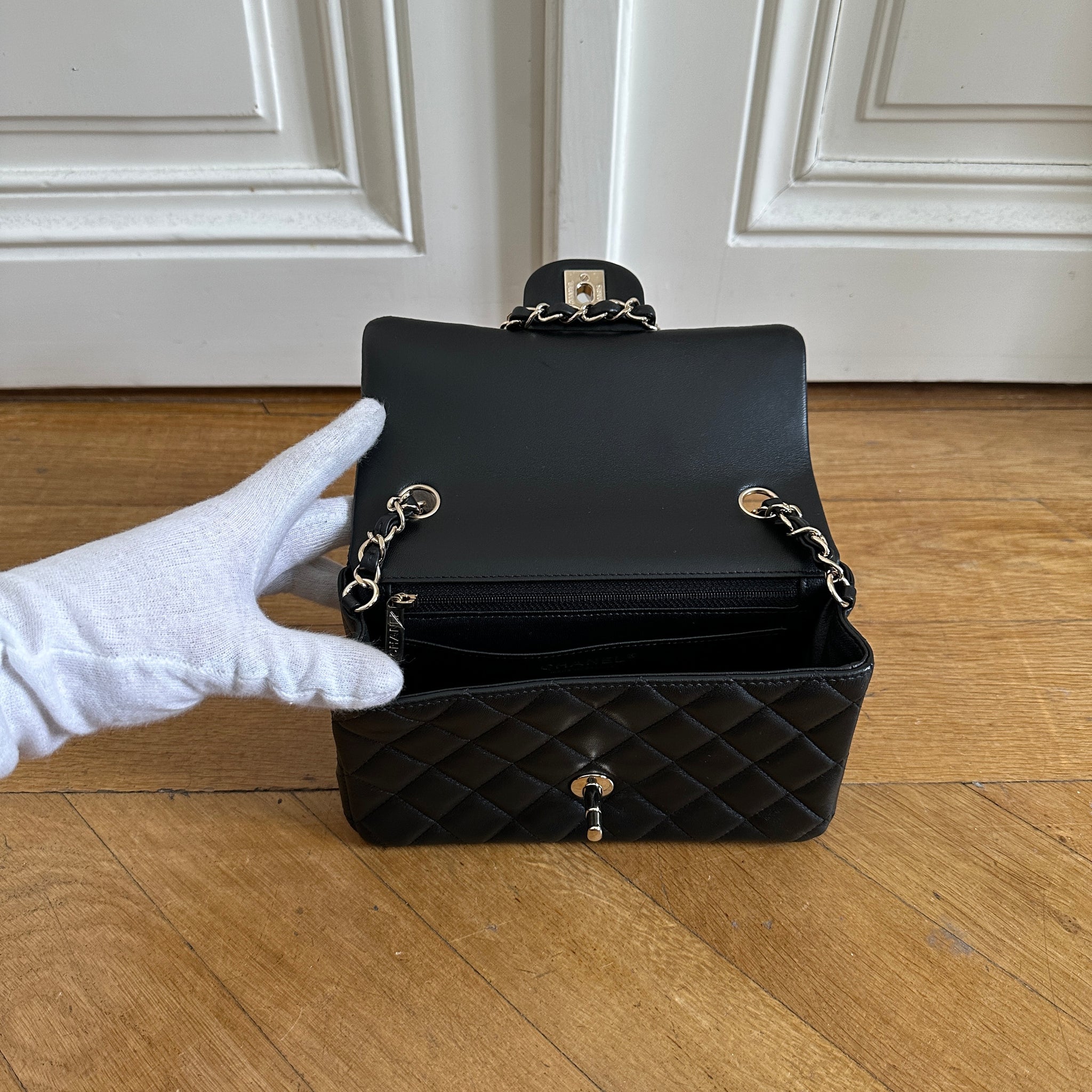 CHANEL Black Quilted Lambskin and Red Trim Vintage Square Mini