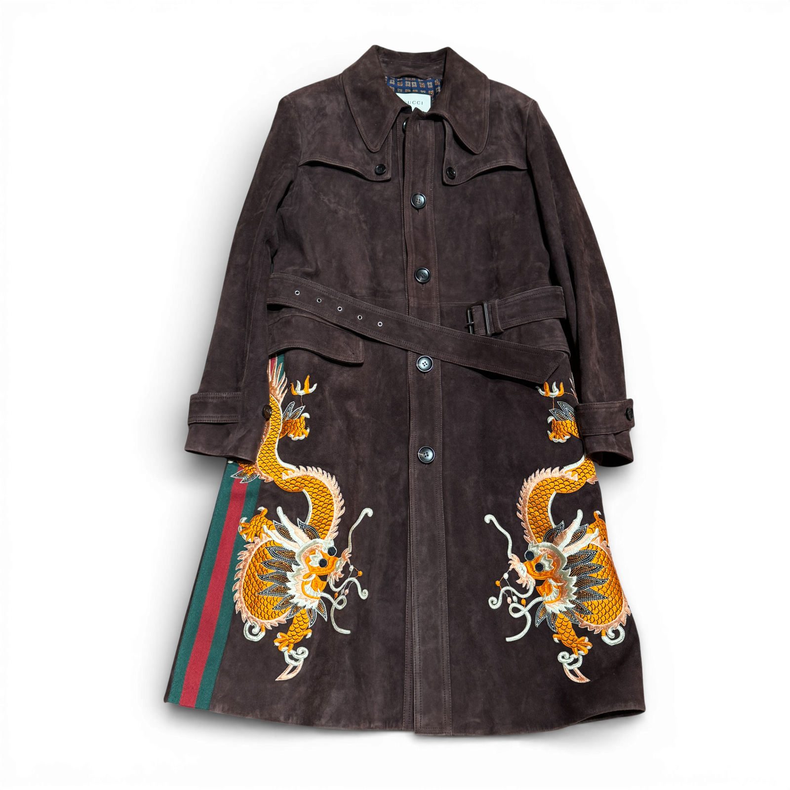 Gucci AW17 Dragon Embroidered Goat Suede Trench Coat