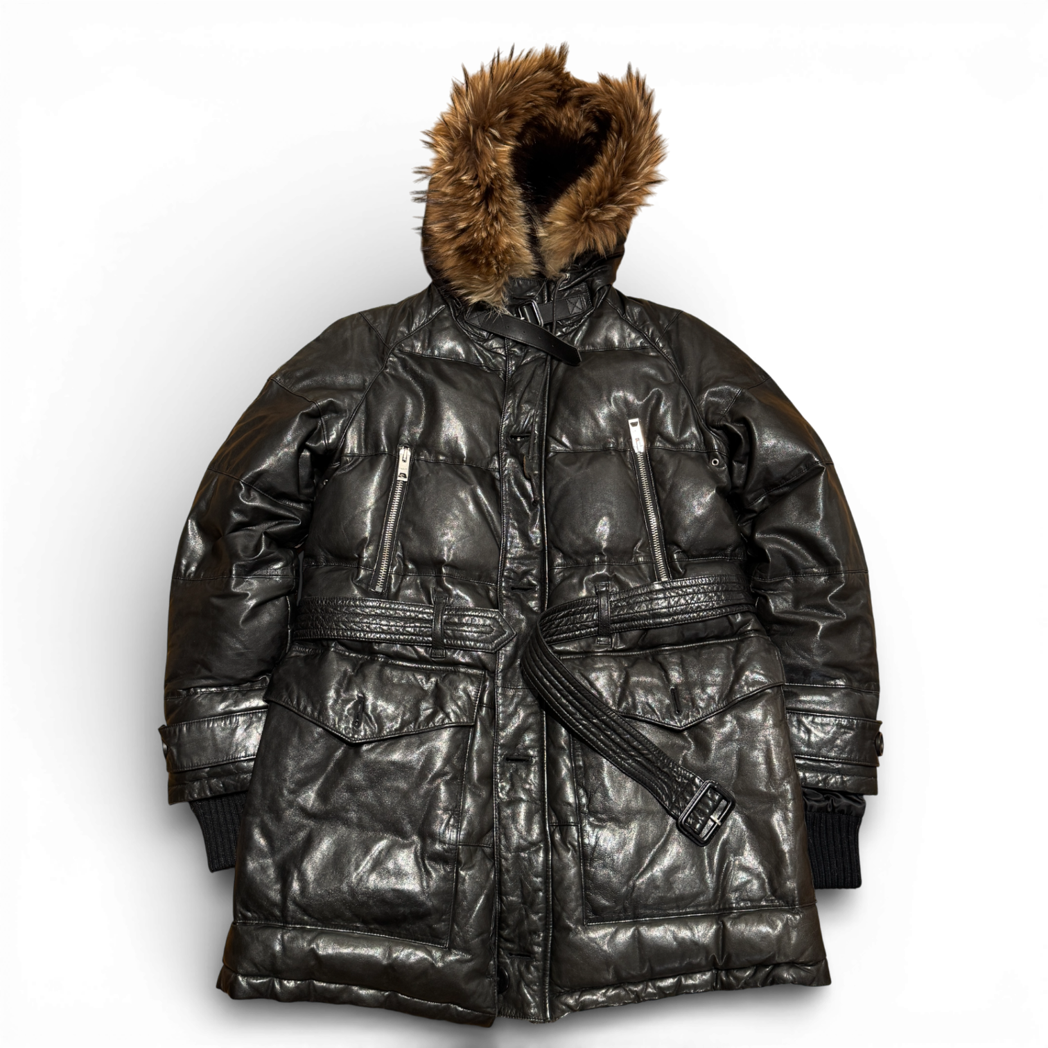 Burberry Prorsum by Christopher Bailey N3B Leather Belted Fur Hood Military Parka