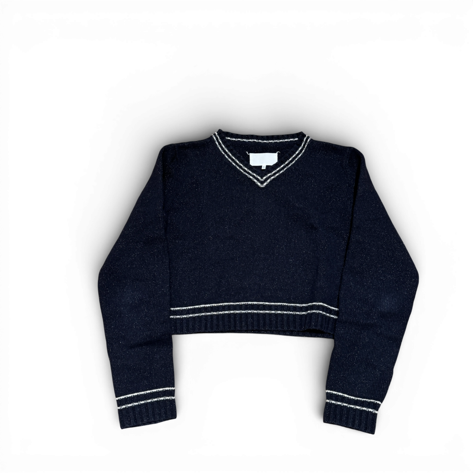Maison Margiela SS20 Navy Metallic Varsity Cropped Knit Sweater