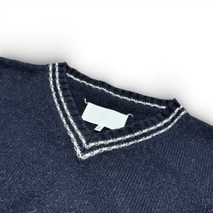 Maison Margiela SS20 Navy Metallic Varsity Cropped Knit Sweater