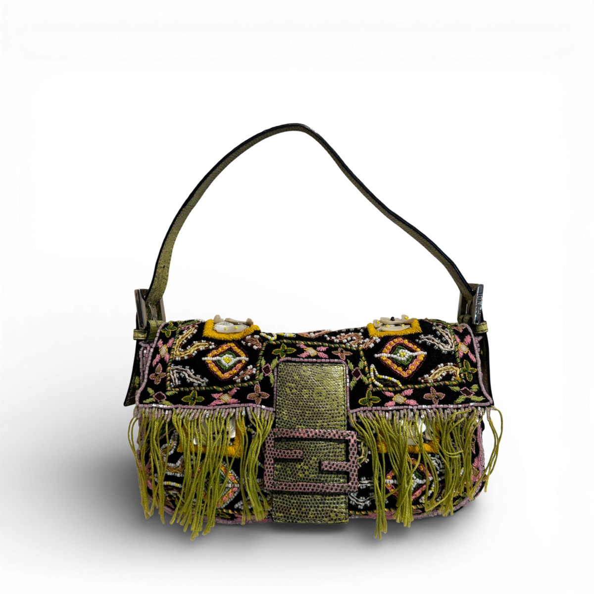 Fendi 2000s Black Bohemian Embellished Baguette Bag