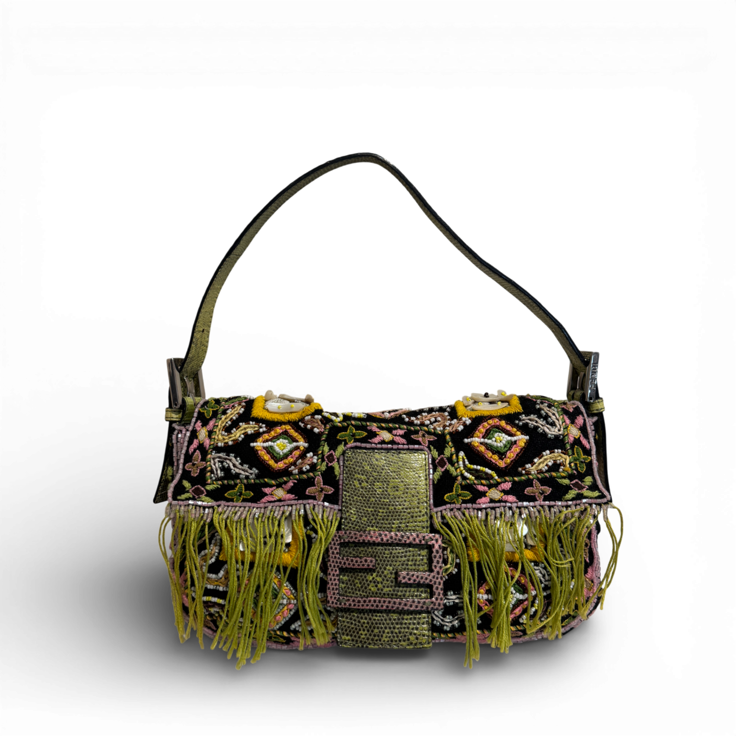 Fendi 2000s Black Bohemian Embellished Baguette Bag