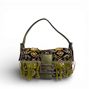 Fendi 2000s Black Bohemian Embellished Baguette Bag