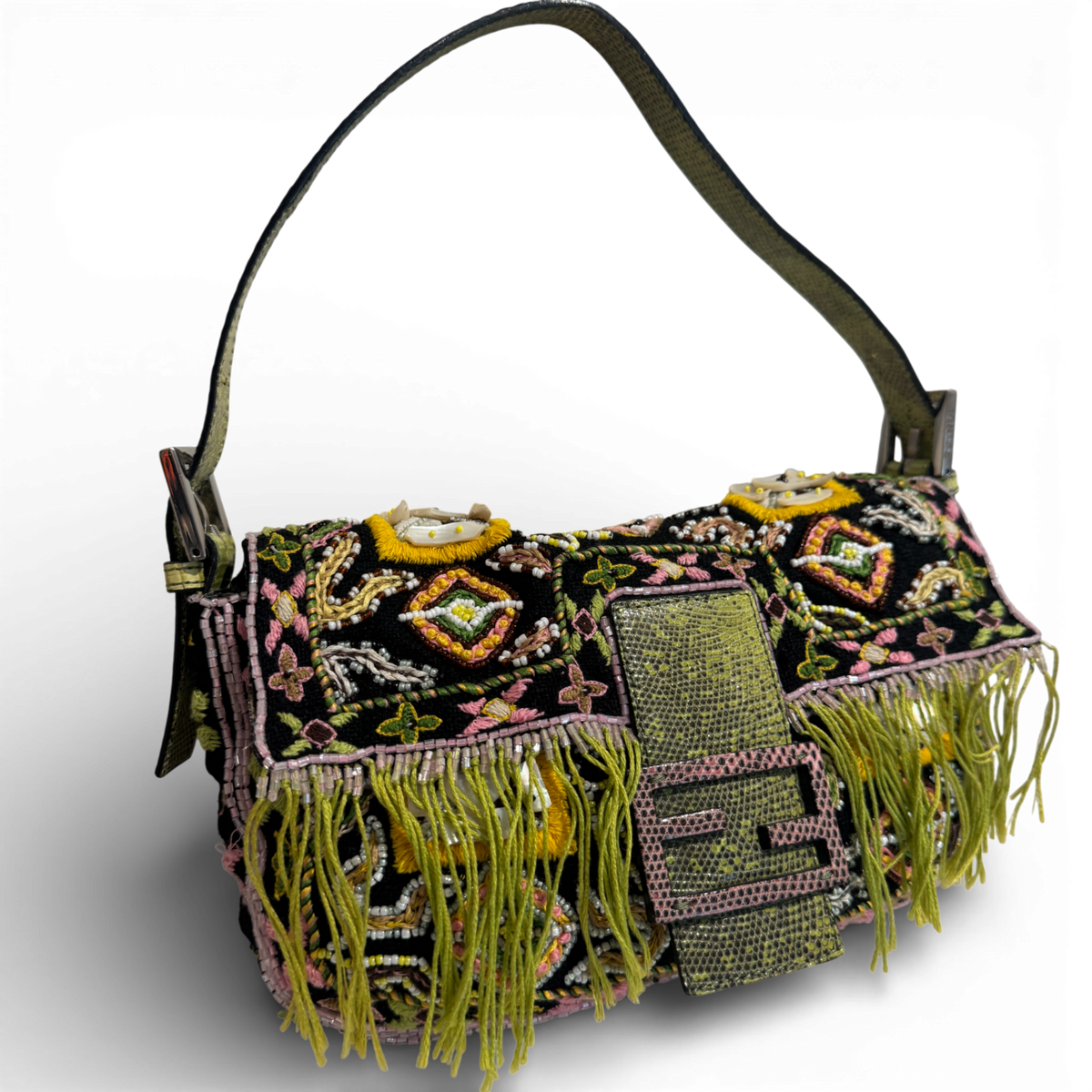 Fendi 2000s Black Bohemian Embellished Baguette Bag