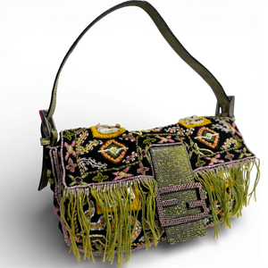 Fendi 2000s Black Bohemian Embellished Baguette Bag