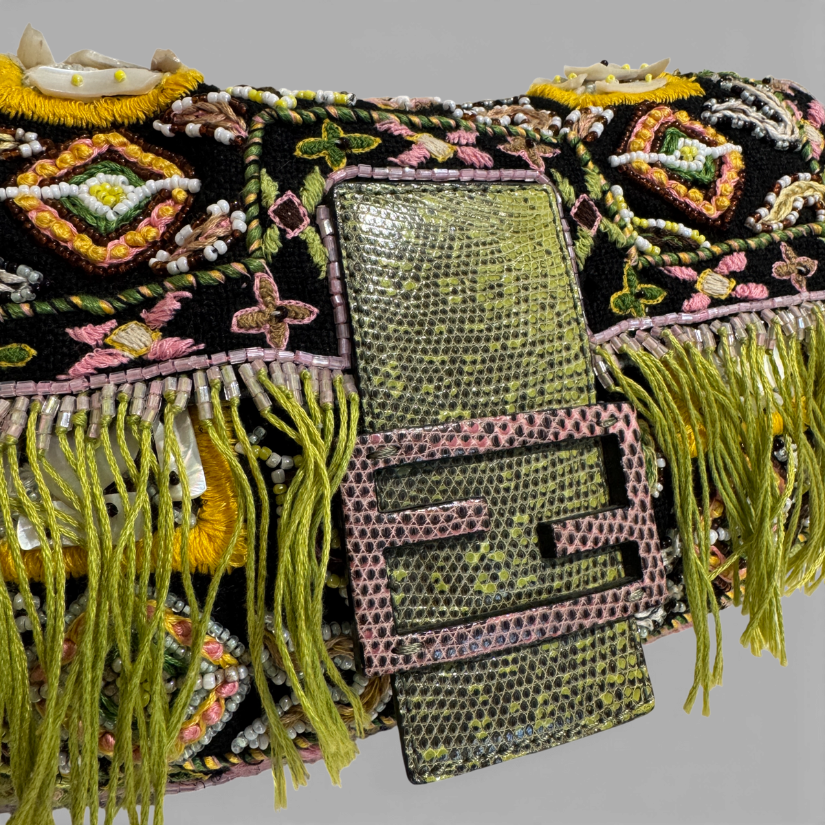 Fendi 2000s Black Bohemian Embellished Baguette Bag