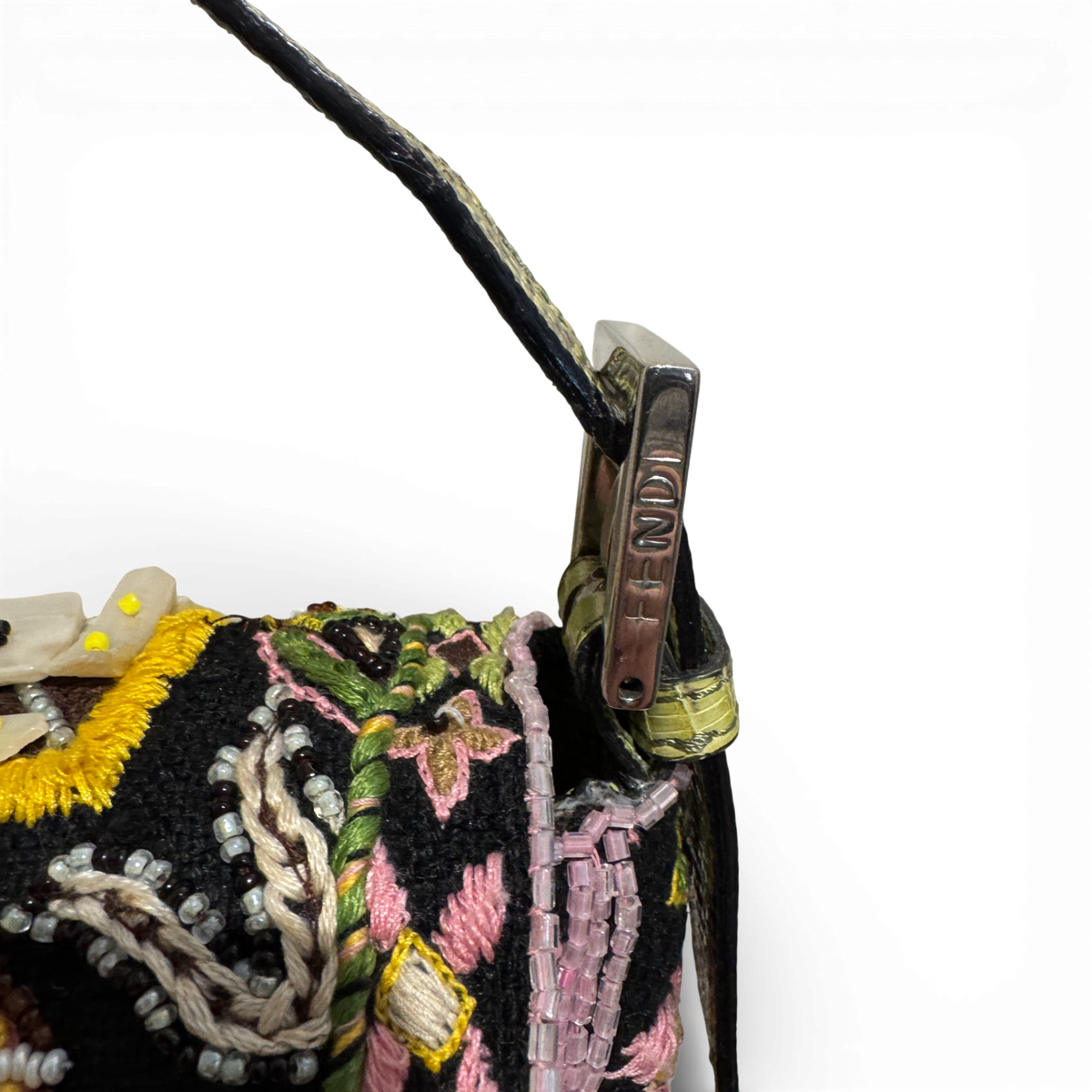 Fendi 2000s Black Bohemian Embellished Baguette Bag