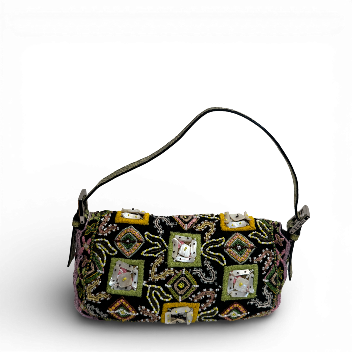 Fendi 2000s Black Bohemian Embellished Baguette Bag