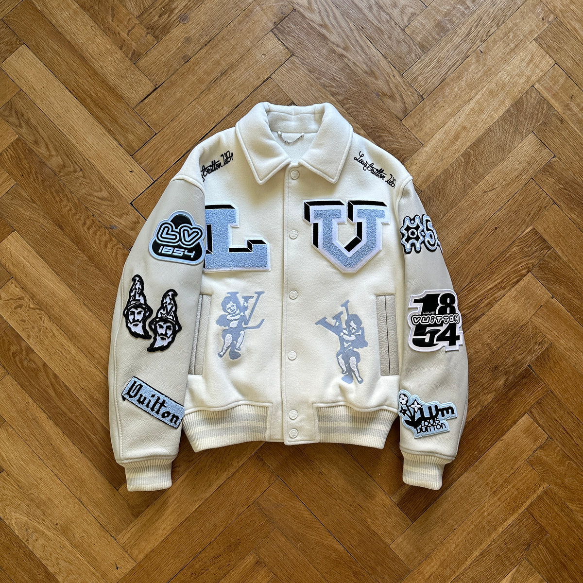 Louis Vuitton FW22 Cream Patched Bunny Varsity Jacket