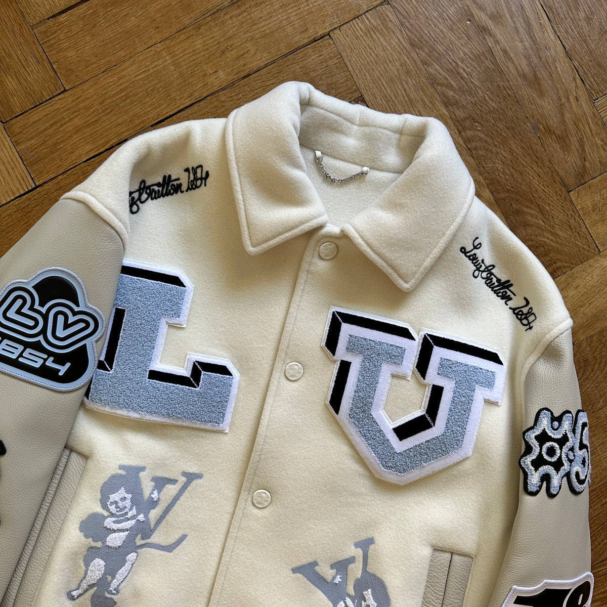 Louis Vuitton FW22 Cream Patched Bunny Varsity Jacket