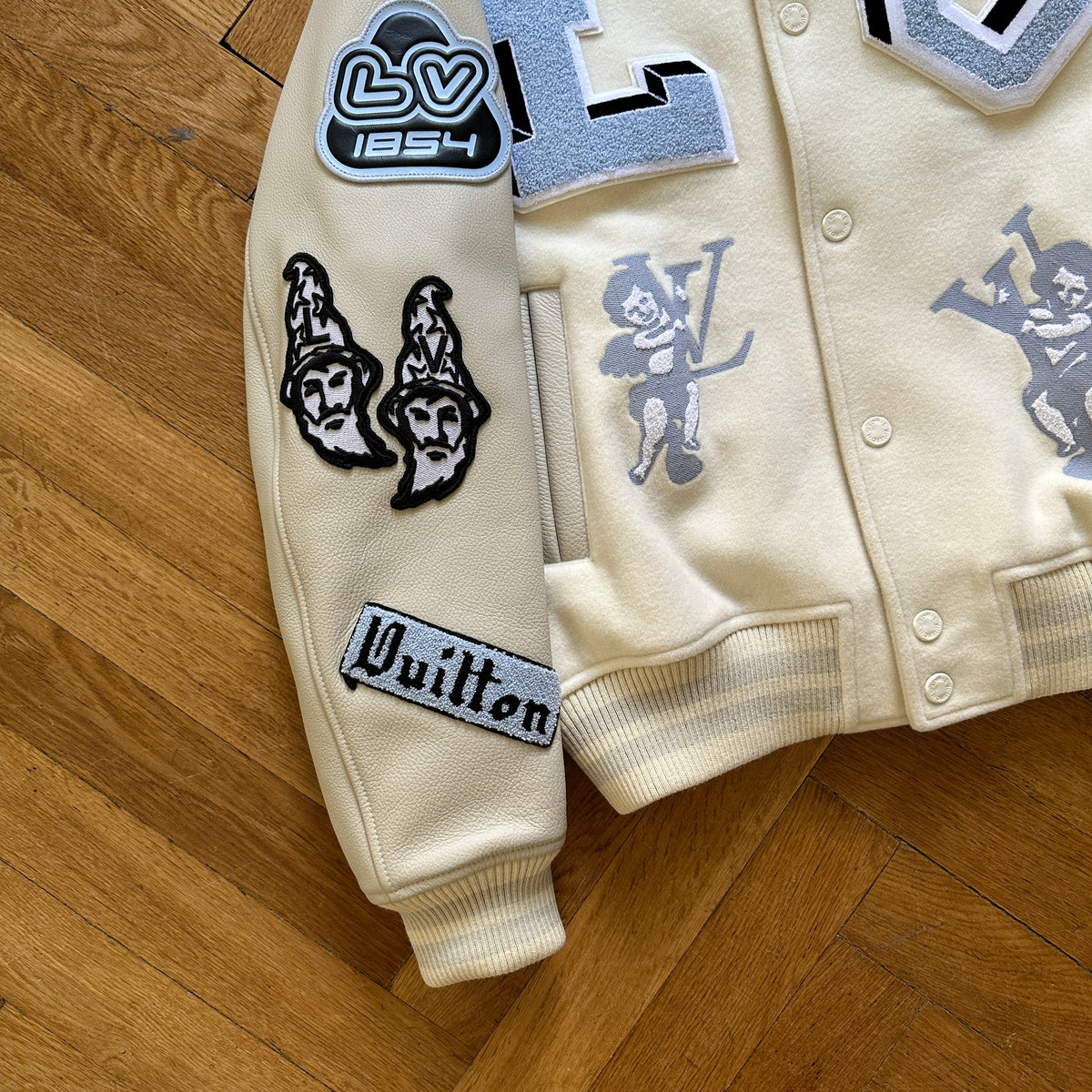 Louis Vuitton FW22 Cream Patched Bunny Varsity Jacket