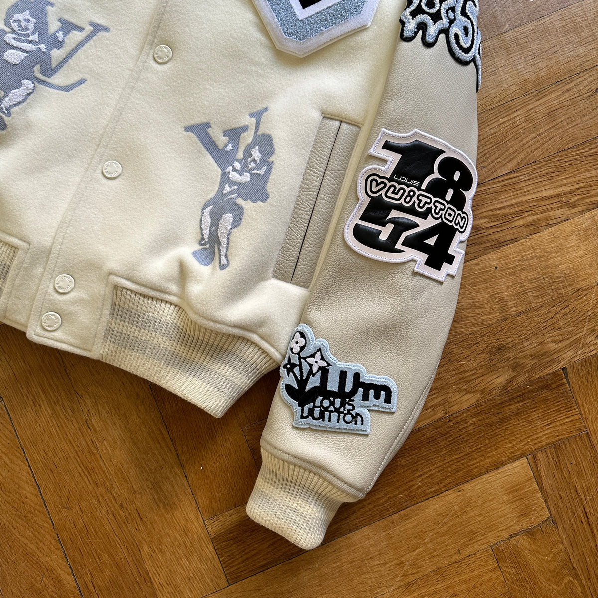 Louis Vuitton FW22 Cream Patched Bunny Varsity Jacket