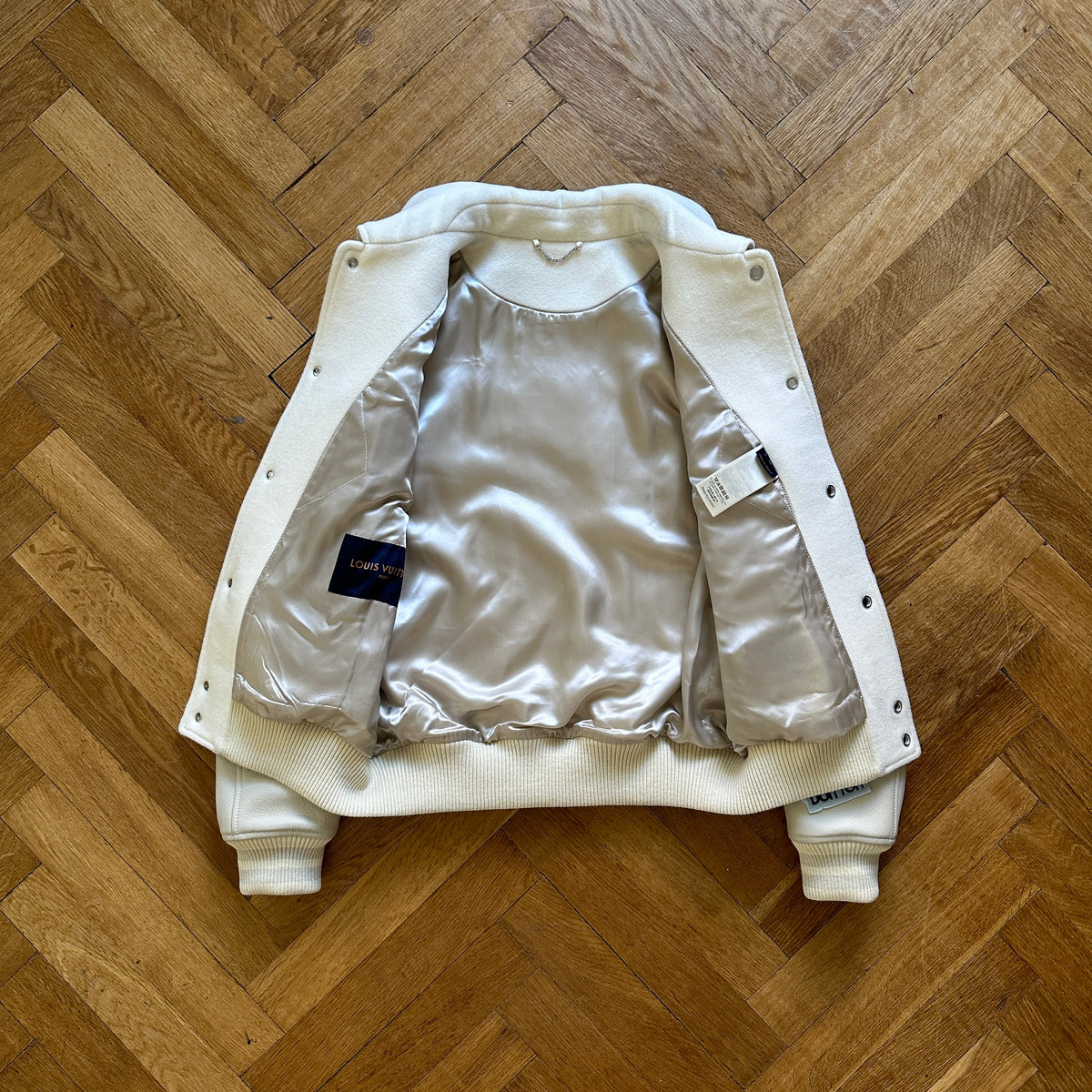 Louis Vuitton FW22 Cream Patched Bunny Varsity Jacket