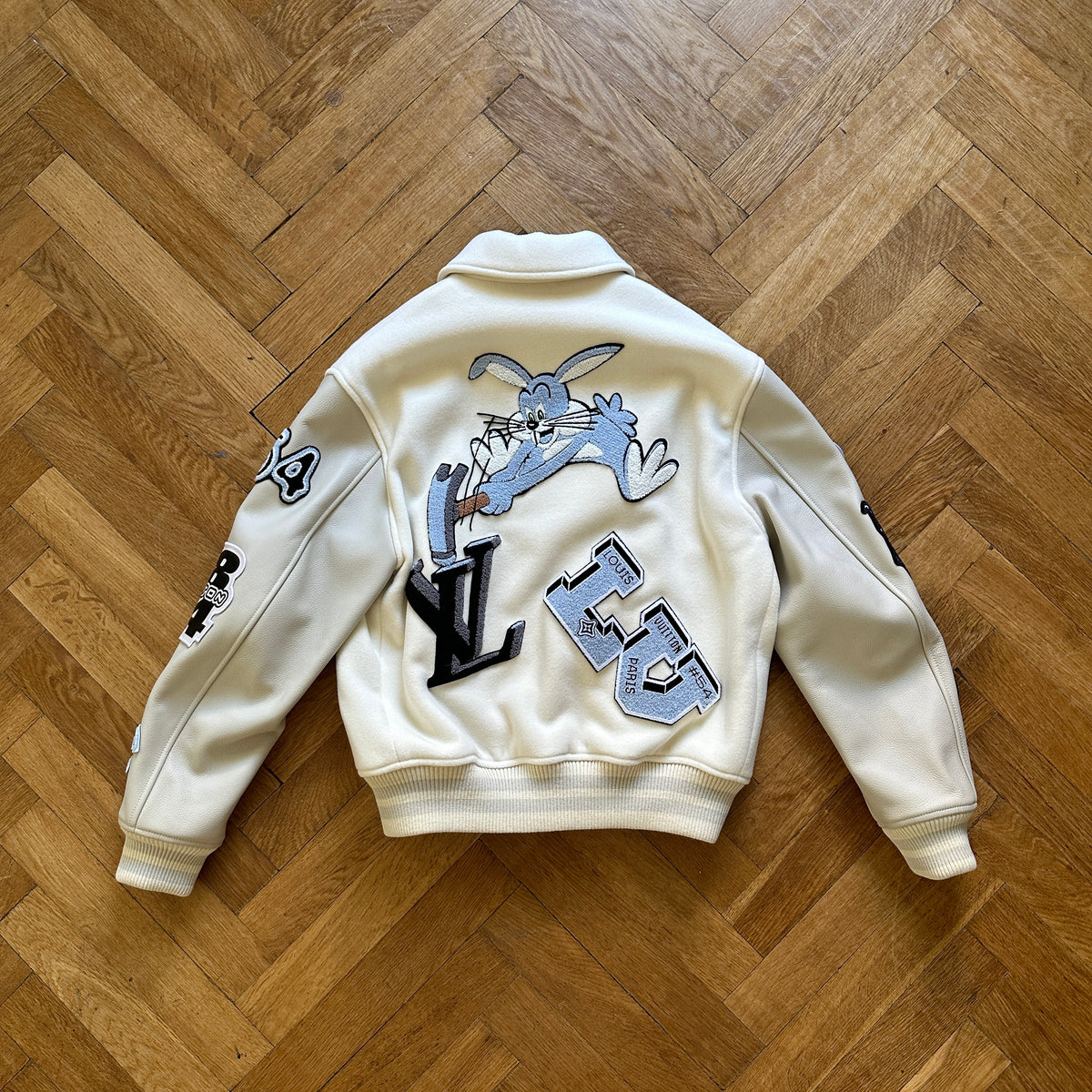 Louis Vuitton FW22 Cream Patched Bunny Varsity Jacket