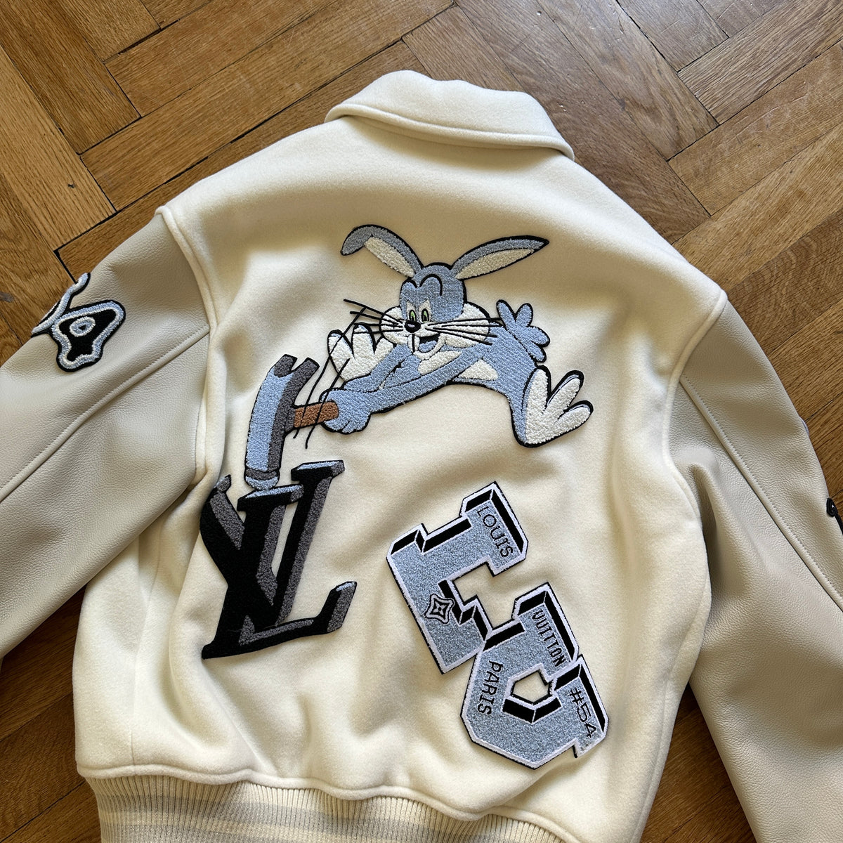 Louis Vuitton FW22 Cream Patched Bunny Varsity Jacket