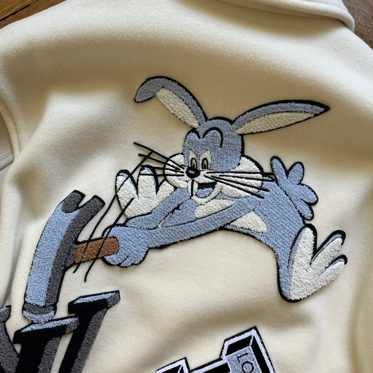 Louis Vuitton FW22 Cream Patched Bunny Varsity Jacket