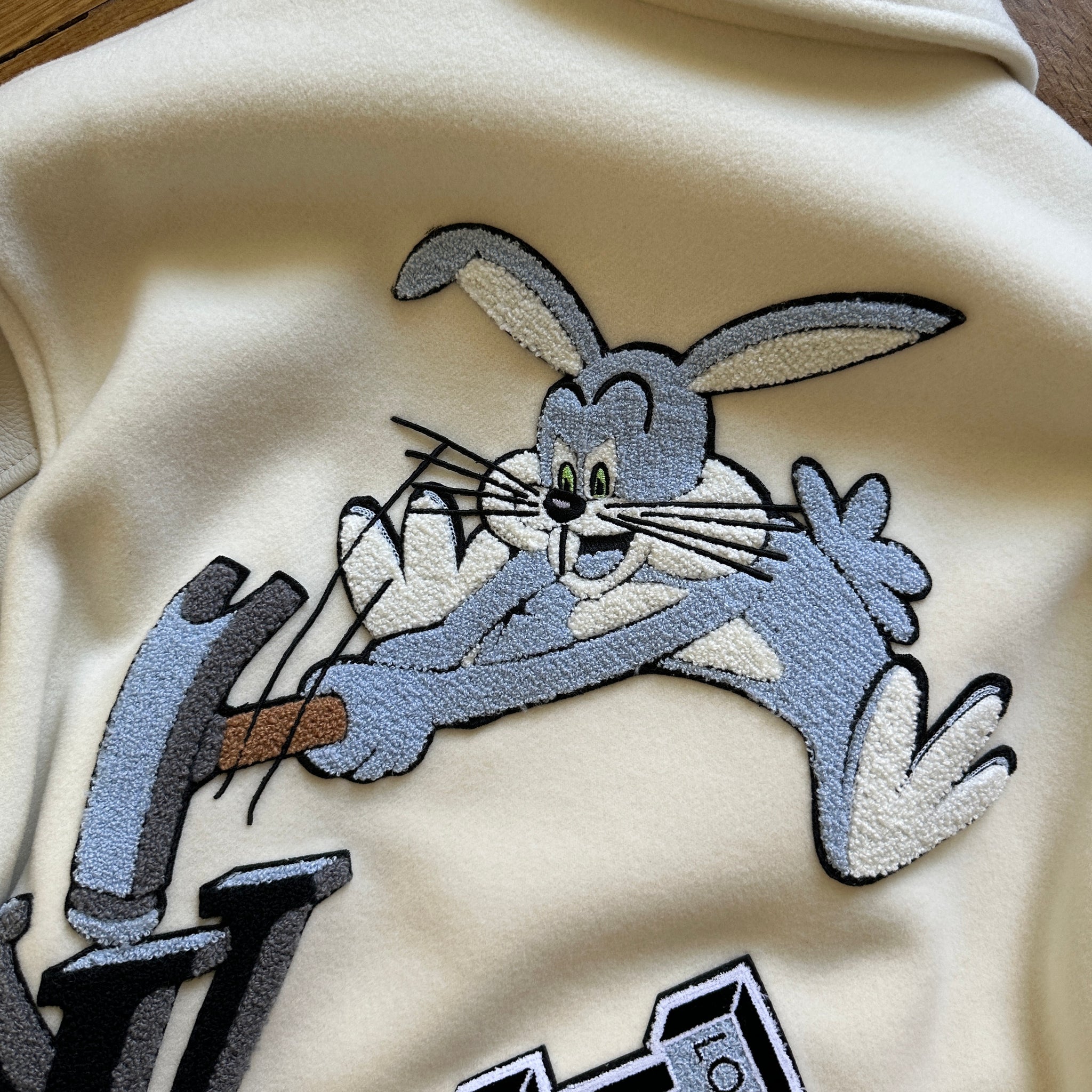 Full-Snap Wool and Leather Cream Louis Vuitton Bunny Varsity