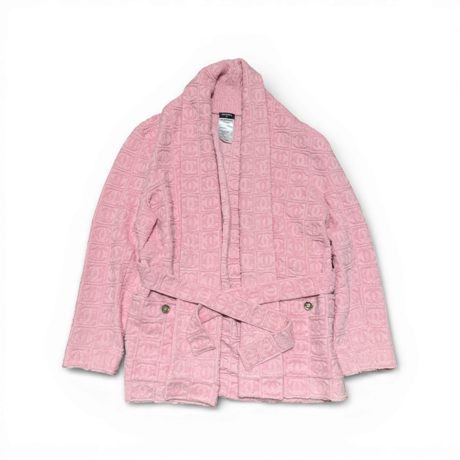 Chanel 2025 Cruise Pink Oversized Terry Cloth CC Logo Belted Shawl Cardigan Sample