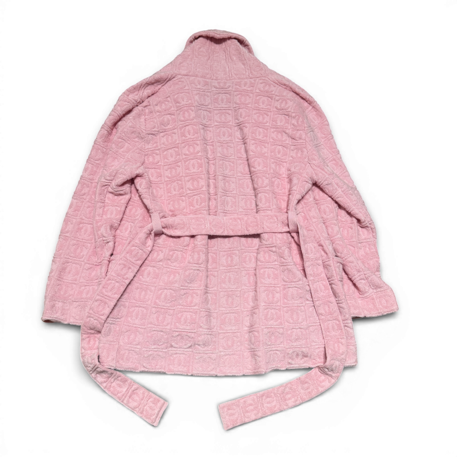 Chanel 2025 Cruise Pink Oversized Terry Cloth CC Logo Belted Shawl Cardigan Sample