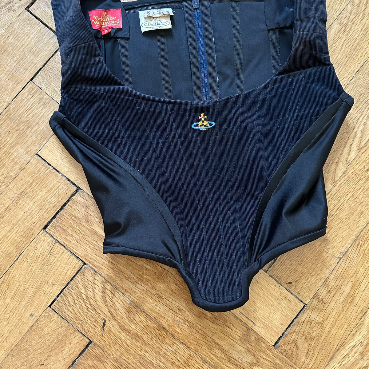 Vivienne Westwood 90s Black Corduroy Orb Corset Bustier