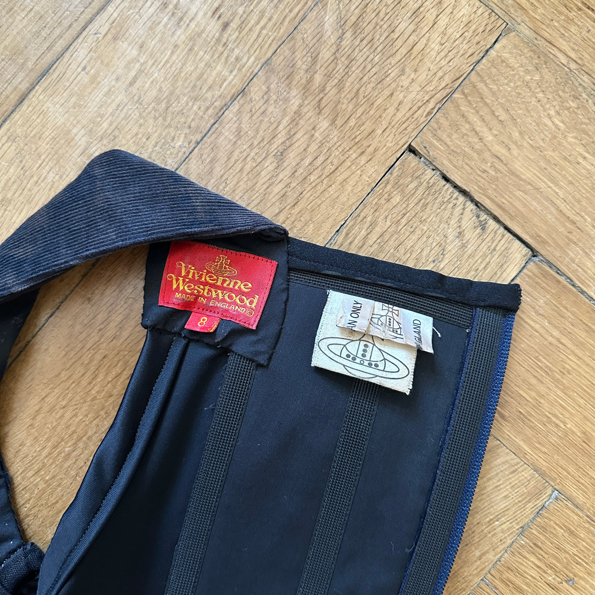 Vivienne Westwood 90s Black Corduroy Orb Corset Bustier