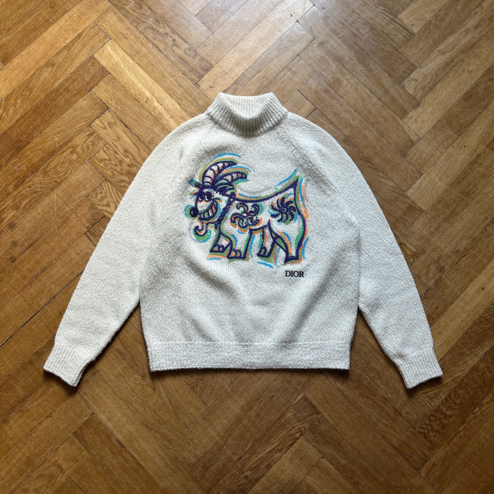 Dior Kenny Scharf FW21 Goat Embroidered Wool Knit Sweater