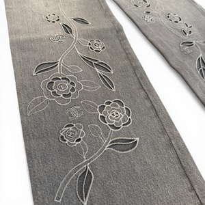 Chanel SS24 Embroidered Floral Cut Out Flared Grey Denim Sample