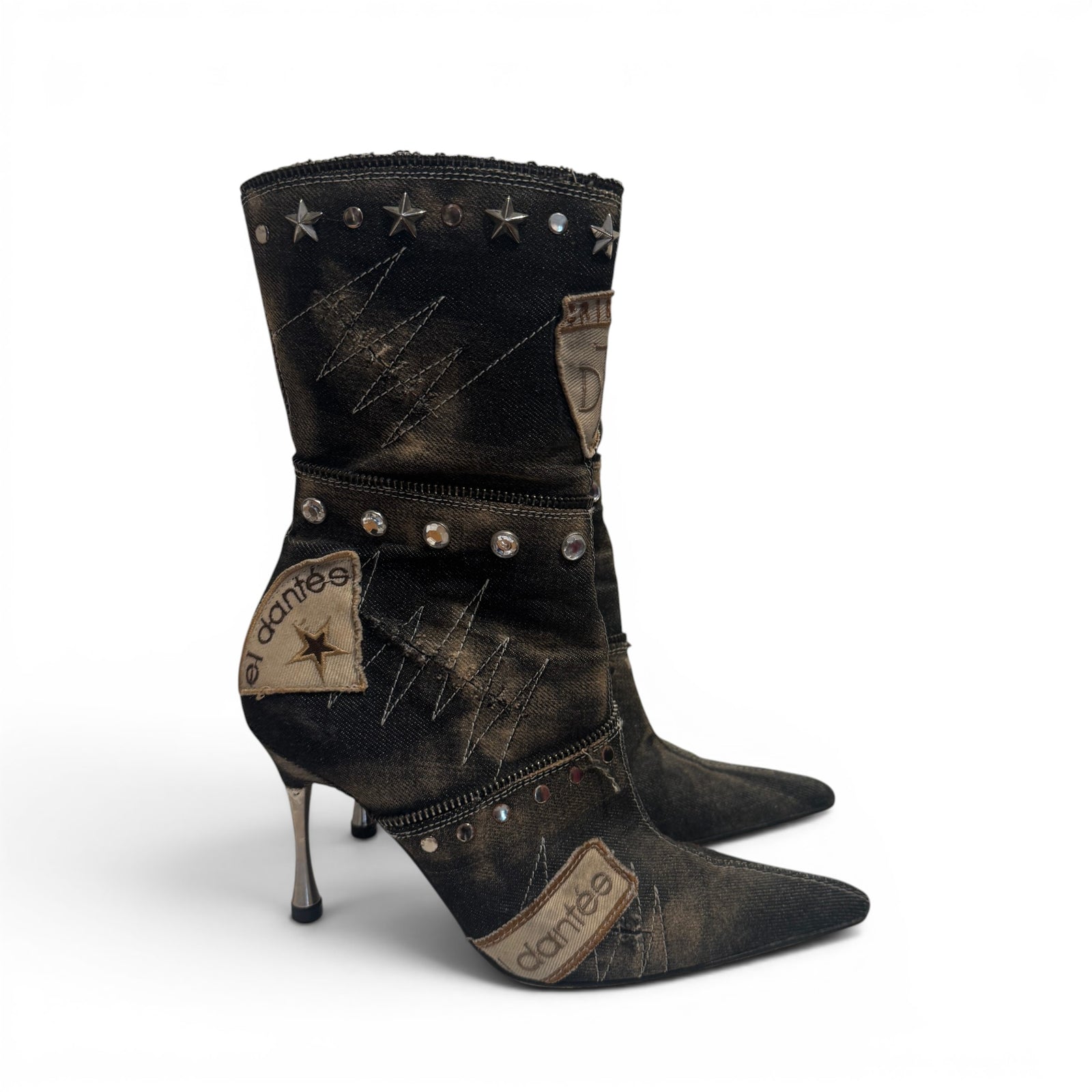 El Dantes 2000s Patched Studded Denim Heeled Boots